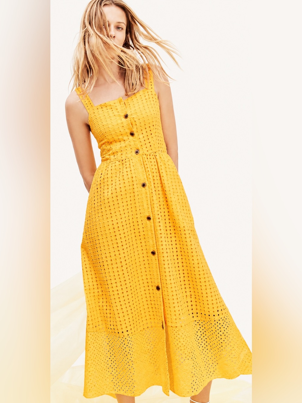 J Crew Midi Dress 2 Yellow Button Front Embroidered Eyelet Square Neck Pockets